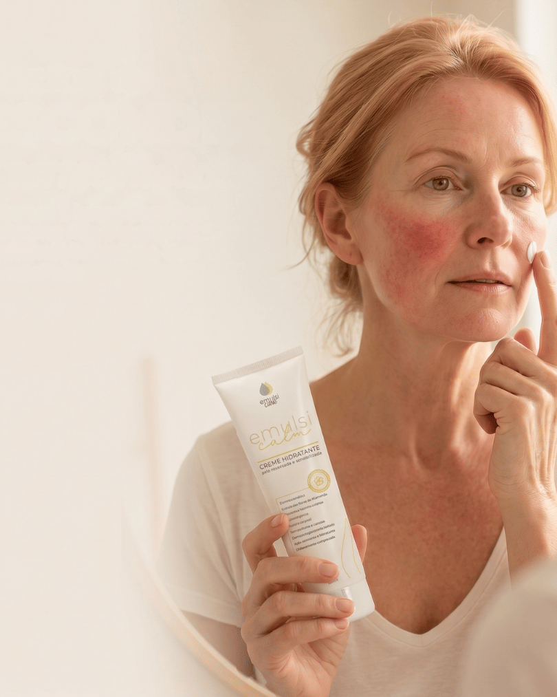 Mulher madura com vermelhidão aplicando Emulsicalm — produto visível na mão